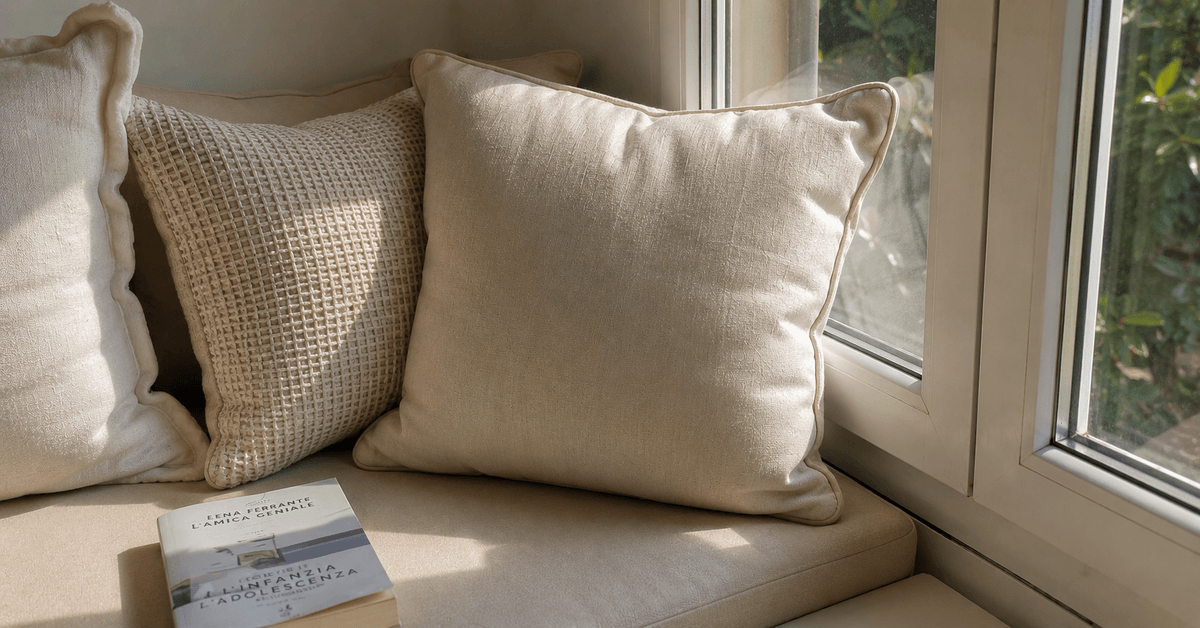 Angolo lettura ricavato sotto una finestra con un cuscino su misura chiaro, qualche cuscino morbido e un libro, luce naturale