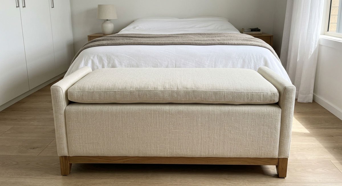 Vecchia cassapanca in legno rivestita e imbottita come panca-seduta ai piedi di un letto matrimoniale, con tessuto elegante e resistente