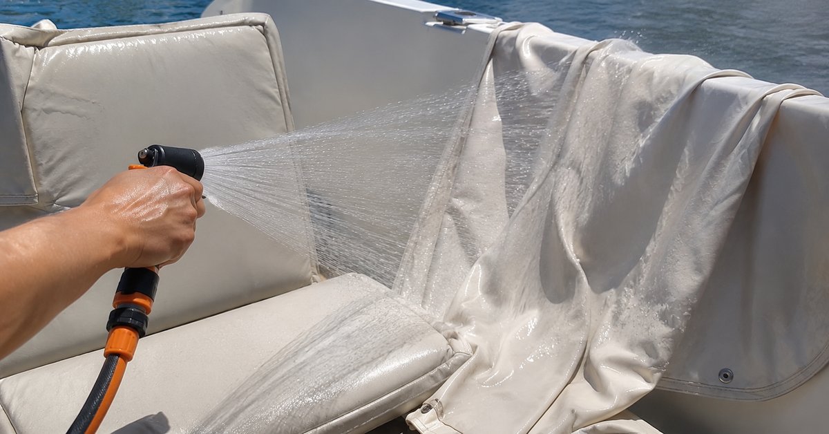 Risciacquo con acqua dolce di cuscini e fodere nautiche sul pozzetto di una barca al sole