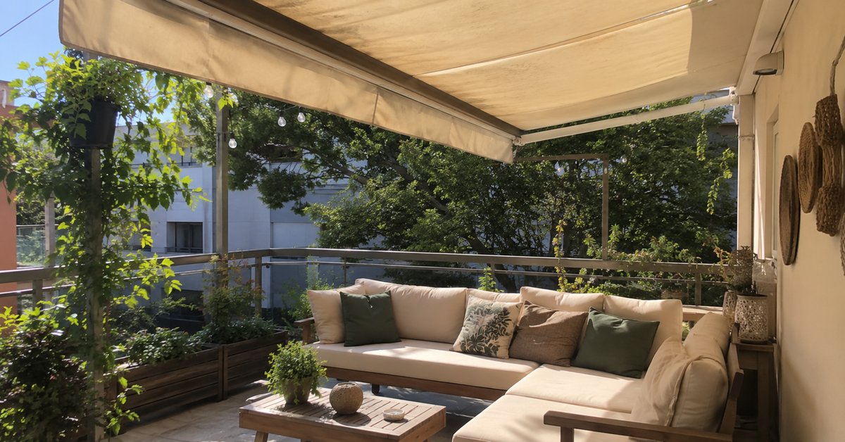 Balcone con tenda da esterno che crea una zona d'ombra, sedute con cuscini outdoor e piante in un'atmosfera estiva vivibile