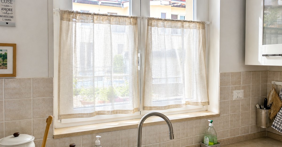 Tende a vetro moderne in lino chiaro montate su una finestra di cucina luminosa