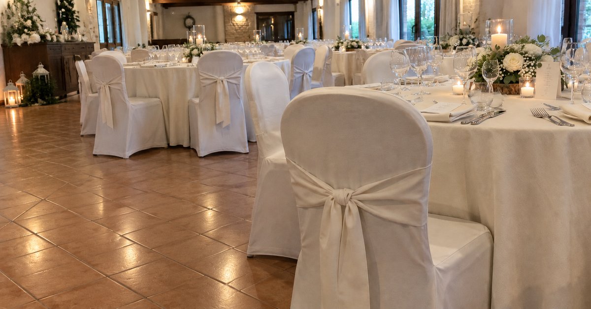 Sala per banchetti allestita con sedie vestite da coprisedie eleganti e tavoli apparecchiati per un evento, atmosfera curata