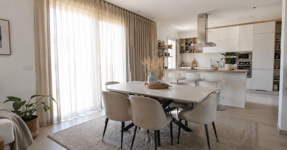 Open space con zona pranzo aperta sulla cucina, tende ampie e pesanti a tutta altezza e tappeto sotto il tavolo per ridurre il riverbero
