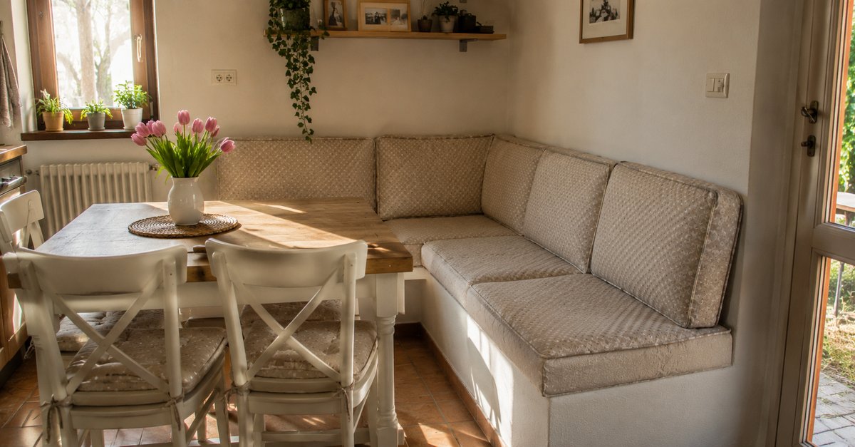 Cuscini su misura sfoderabili su una panca in muratura in cucina