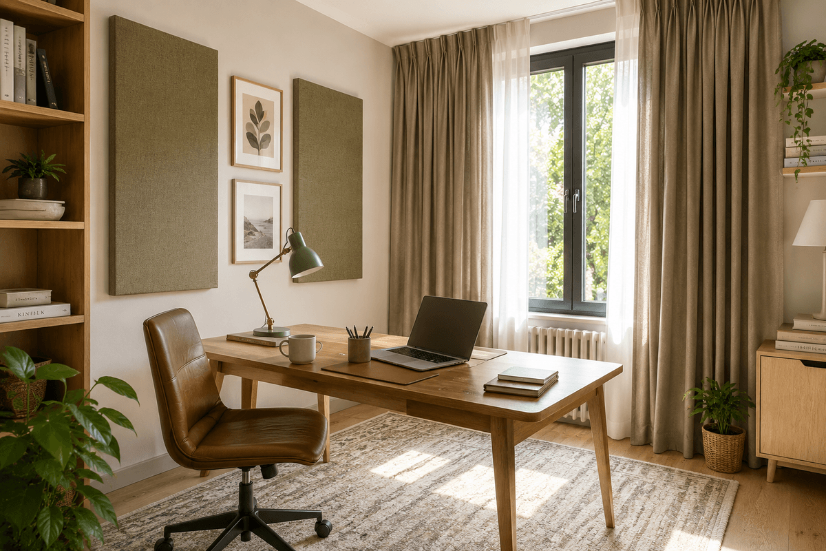 Studio in casa insonorizzato con tende pesanti a pieghe fitte e pannelli fonoassorbenti in tessuto alle pareti