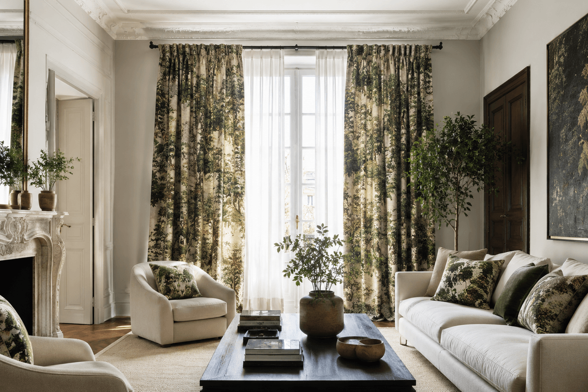Cuscini in tessuto jacquard con fantasia arazzo verdure di foglie in verdi profondi come pezzo forte in un salotto sobrio