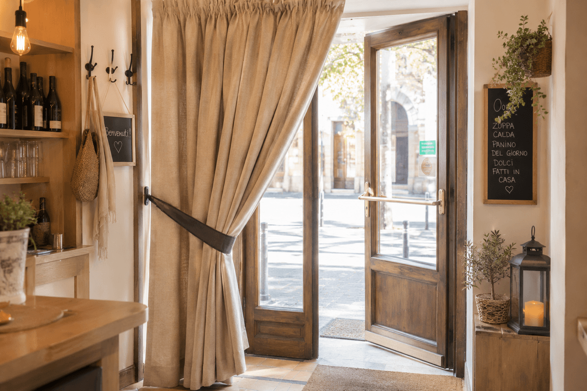 Tenda a portiera in tessuto pesante montata all'ingresso interno di un bar per fermare freddo e spifferi in inverno