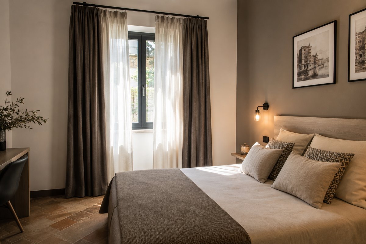 Camera di un piccolo B&B con tenda tecnica oscurante e tenda leggera coordinate alla finestra