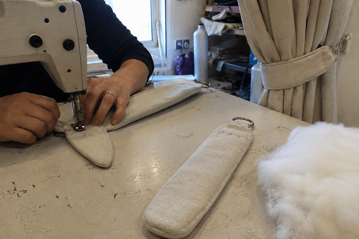 Fermatenda imbottito in tessuto cucito su misura che raccoglie una tenda di lato