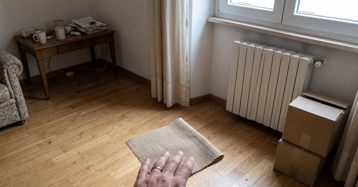 Mano che appoggia un campione di tessuto per tende color sabbia sul parquet di rovere per abbinare il colore al pavimento
