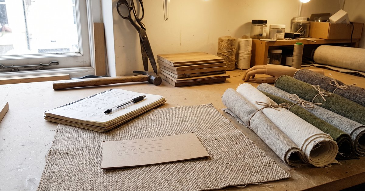 Campione di tessuto d'arredo con cartellino-etichetta sul banco del laboratorio, accanto a un quaderno aperto e a campionature di tessuti naturali arrotolate