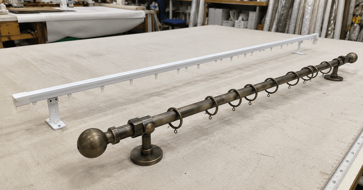 Confronto tra binario a soffitto e bastone decorativo con anelli per tende