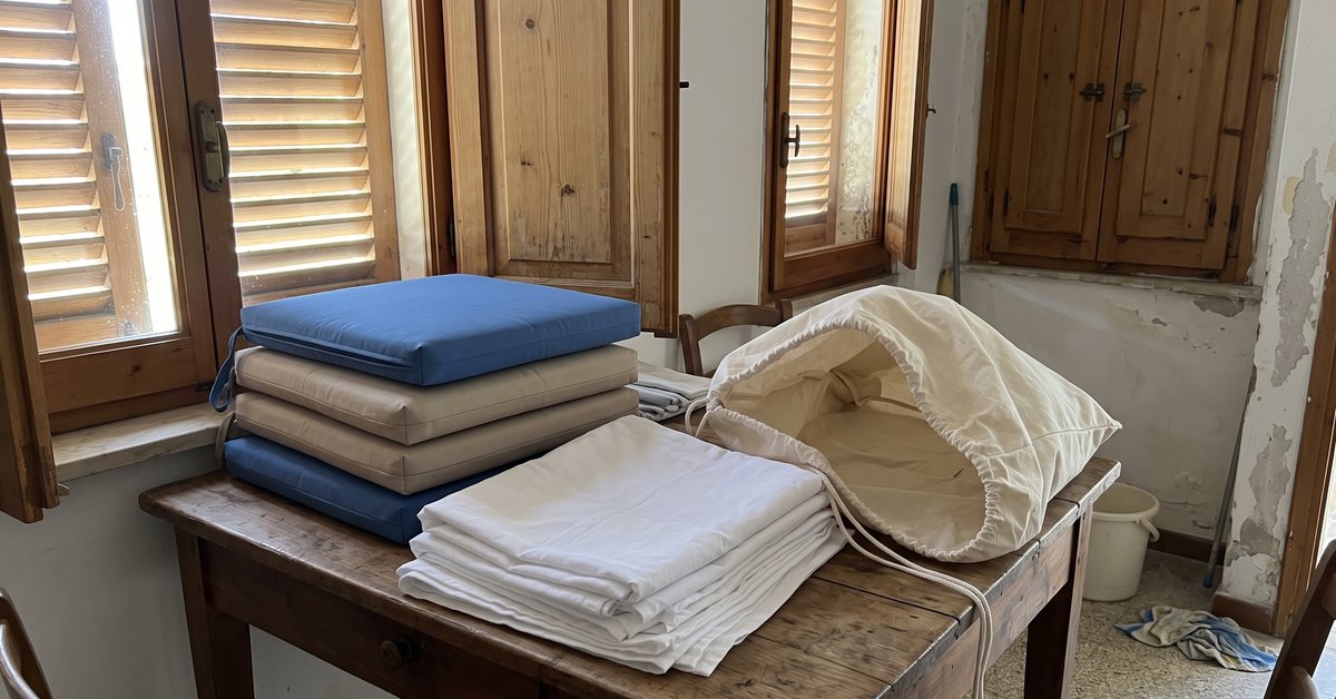 Interno di casa al mare a fine stagione con cuscini da esterno impilati, tende sfoderate piegate su un tavolo e sacca di cotone traspirante aperta