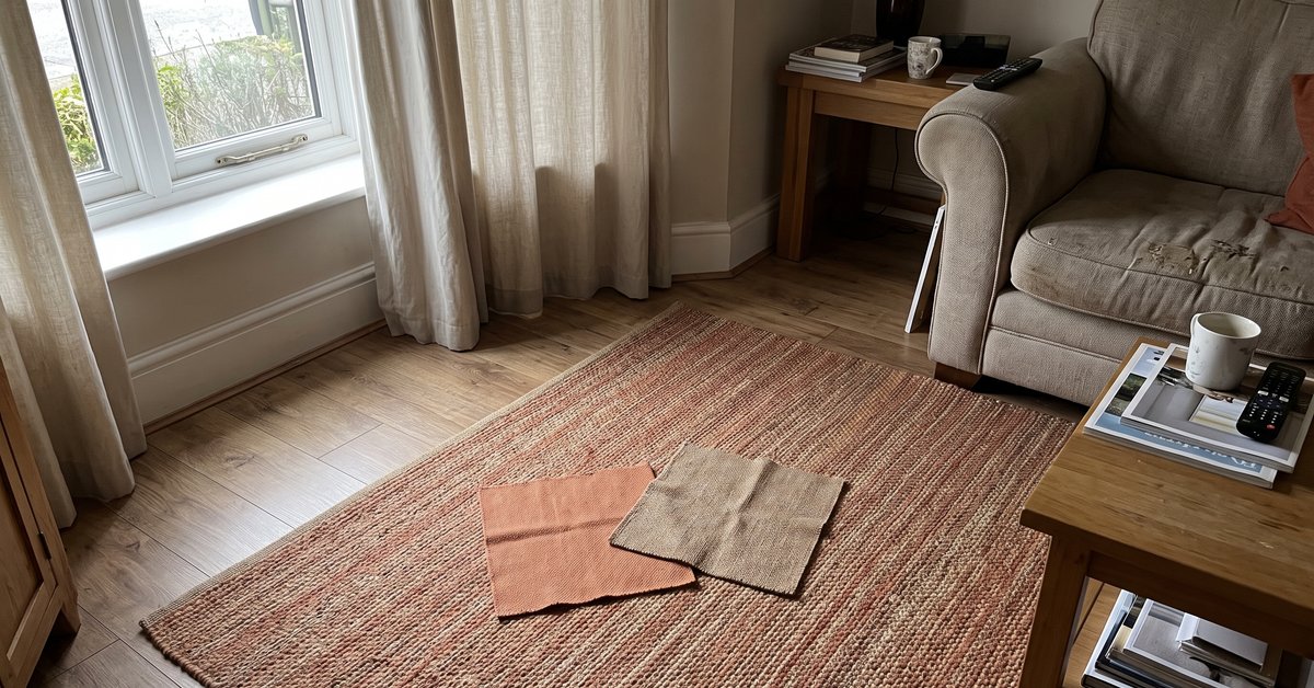 Tende in tessuto naturale e un tappeto a trama in tonalità calde di terracotta e nocciola in un soggiorno, con campioni di tessuto appoggiati sul tappeto