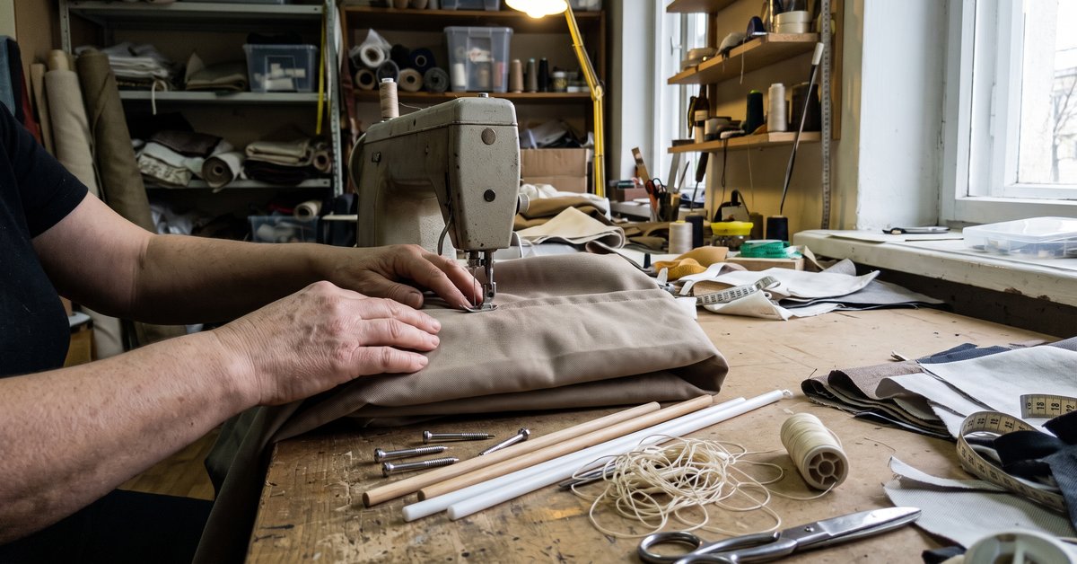 Mani che cuciono i canali per le stecche sul retro di una tenda a pacchetto, con bacchette e cordini sul tavolo da lavoro