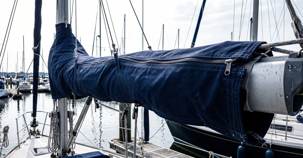 Copertura della randa in acrilico blu, il lazy bag, montata sul boma di una barca a vela in porto con cerniera e cuciture in primo piano