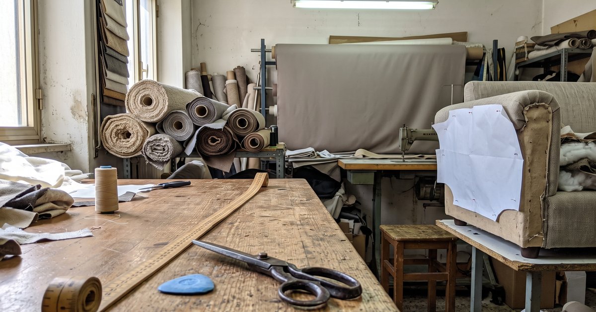Tavolo di un laboratorio di tappezzeria con metro da sarto, modello di carta su un bracciolo, forbici e un rotolo di tessuto neutro per cucire un copridivano su misura.