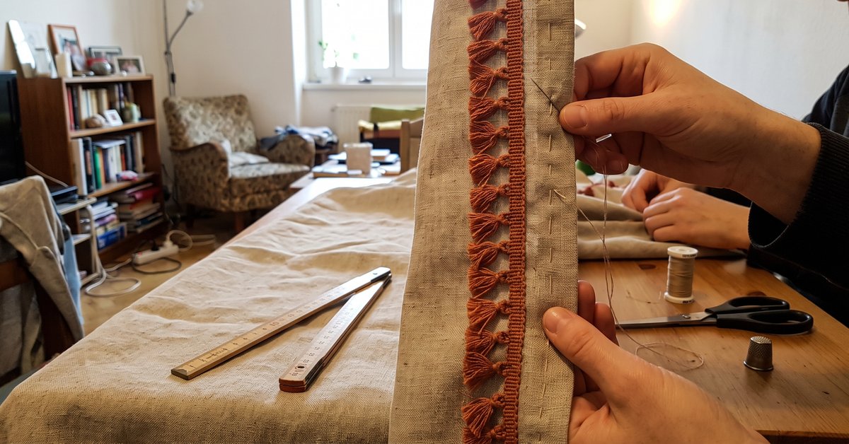 Passamaneria a nappine color terracotta cucita a mano sul bordo verticale di una tenda in lino chiaro