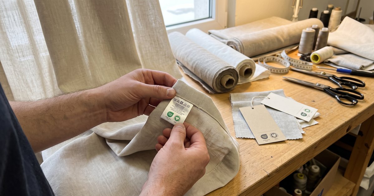 Due mani controllano l'etichetta di composizione cucita su una tenda chiara, accanto a tessuti naturali e cartellini di certificazione sul banco del laboratorio