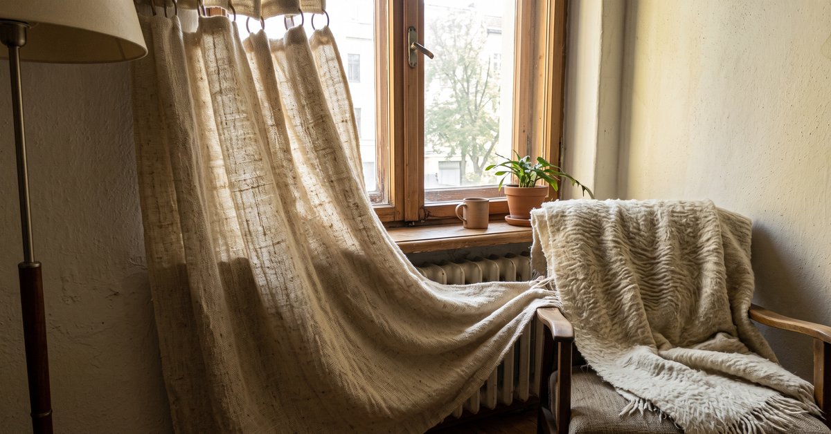 Tenda pesante in lana color avorio accanto a una finestra con un plaid in lana ripiegato, texture delle fibre naturali in luce calda