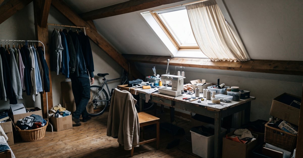 Tenda chiara su misura su una finestra da tetto in una mansarda con travi in legno a vista