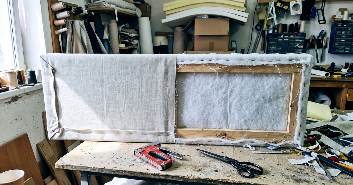 Pannello di testiera imbottita in lavorazione su un tavolo da laboratorio, metà rivestito di lino chiaro con l'ovatta a vista e una pinzatrice accanto