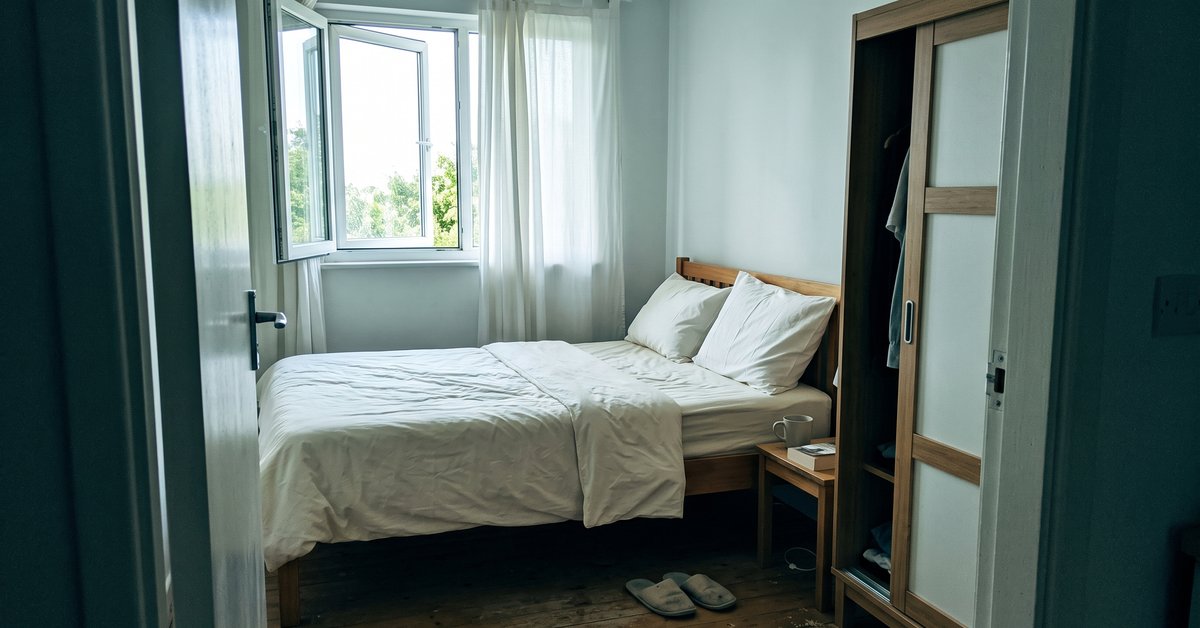 Piccola camera degli ospiti luminosa con letto rifatto, tende chiare a una finestra aperta e cuscini con fodera appena lavata