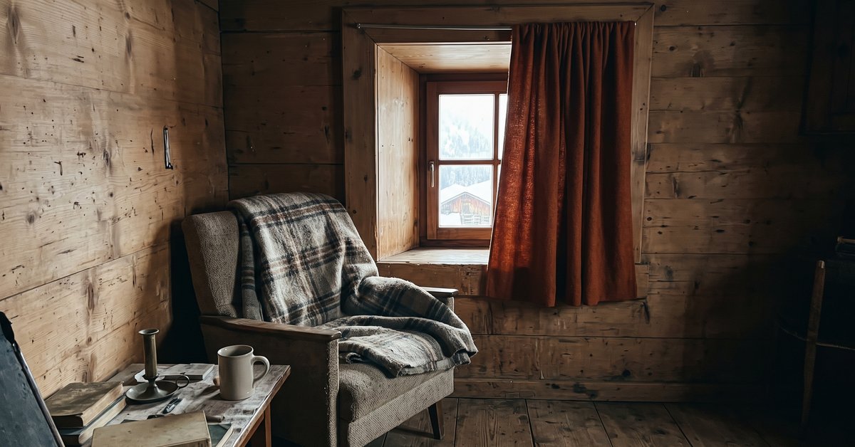 Tenda pesante di colore caldo a una finestra incassata nel legno di una baita di montagna, con plaid di lana sulla poltrona