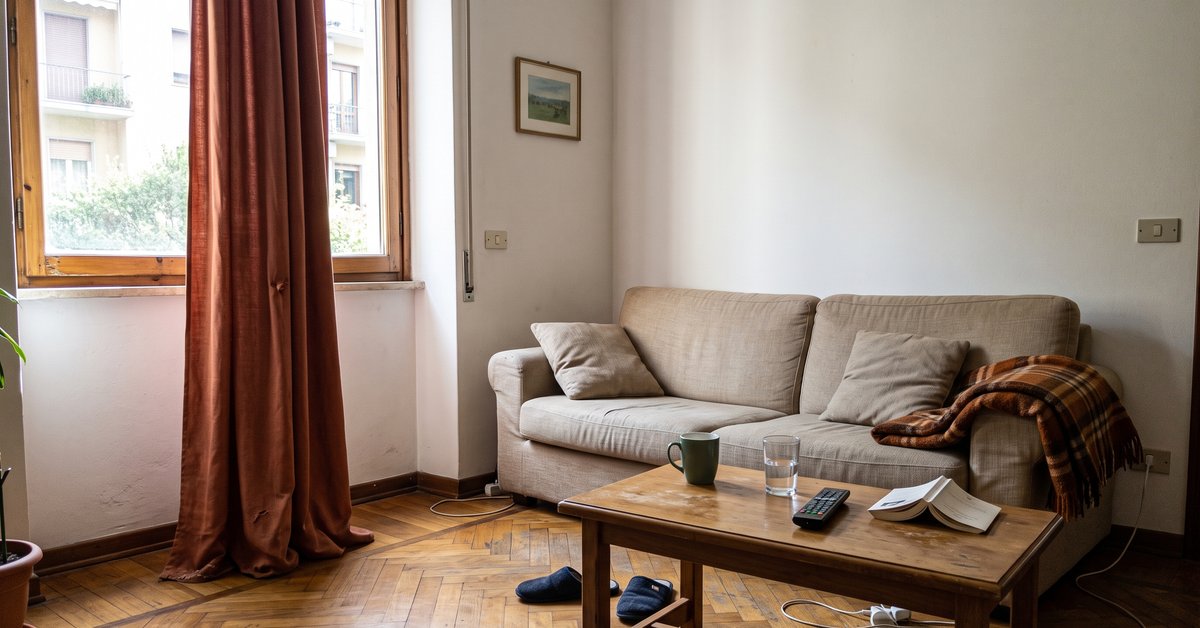 Tenda color ruggine dal soffitto al pavimento in un soggiorno luminoso con parete chiara e divano beige