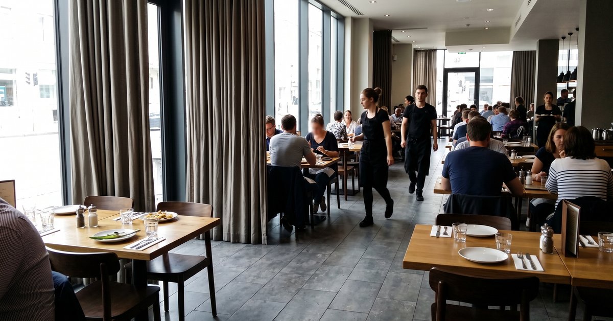 Sala di un ristorante con grandi vetrate vestite da alte tende fonoassorbenti in tessuto pesante a pieghe fitte, per abbattere il riverbero