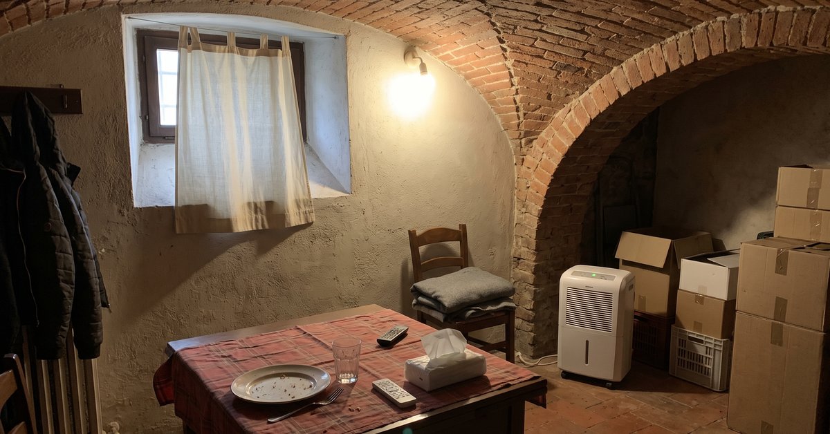 Tenda a pannello in tessuto chiaro sulla finestra alta di una taverna in mattoni, staccata dal muro contro l'umidità