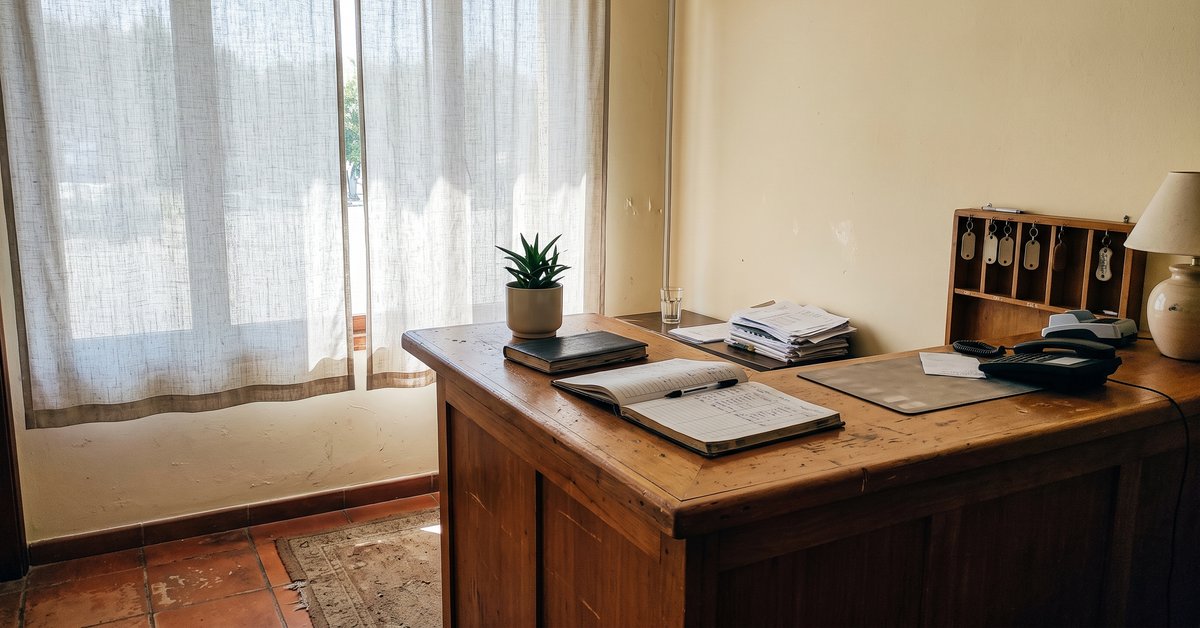Reception di un piccolo hotel con vetrata schermata da una tenda a pannello chiara a trama leggera che filtra la luce del mattino sul bancone in legno