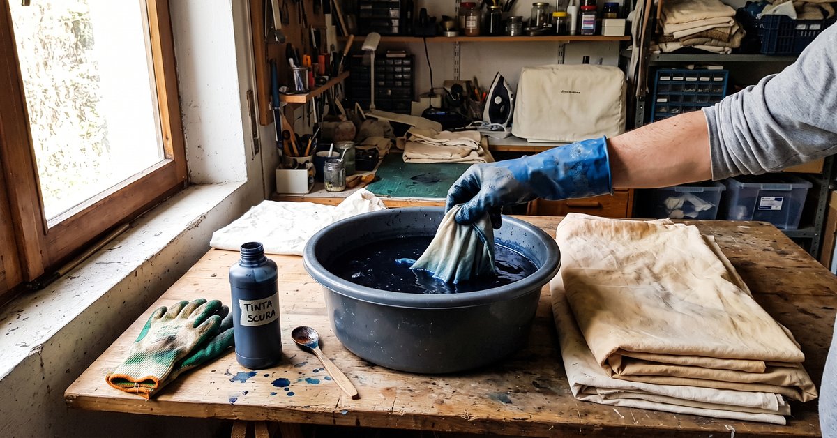 Tende in cotone chiaro sbiadite dal sole su un tavolo da lavoro accanto a una bacinella con acqua tinta e colorante per tessuti