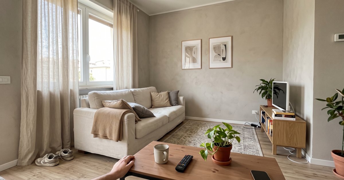 Soggiorno in palette sabbia e greige con tende in lino tono su tono con la parete che scendono dal soffitto al pavimento