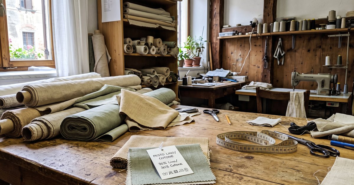 Campioni di tessuto bio-based in tinte naturali su un banco da tappezzeria, con etichetta di composizione in primo piano