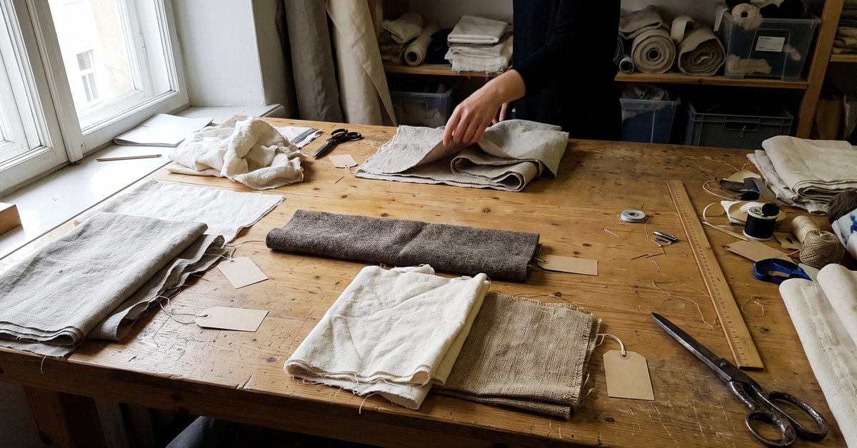 Campionature di tessuti naturali, lino, cotone grezzo, lana e canapa, disposte su un piano di legno del laboratorio accanto a un cartellino di composizione