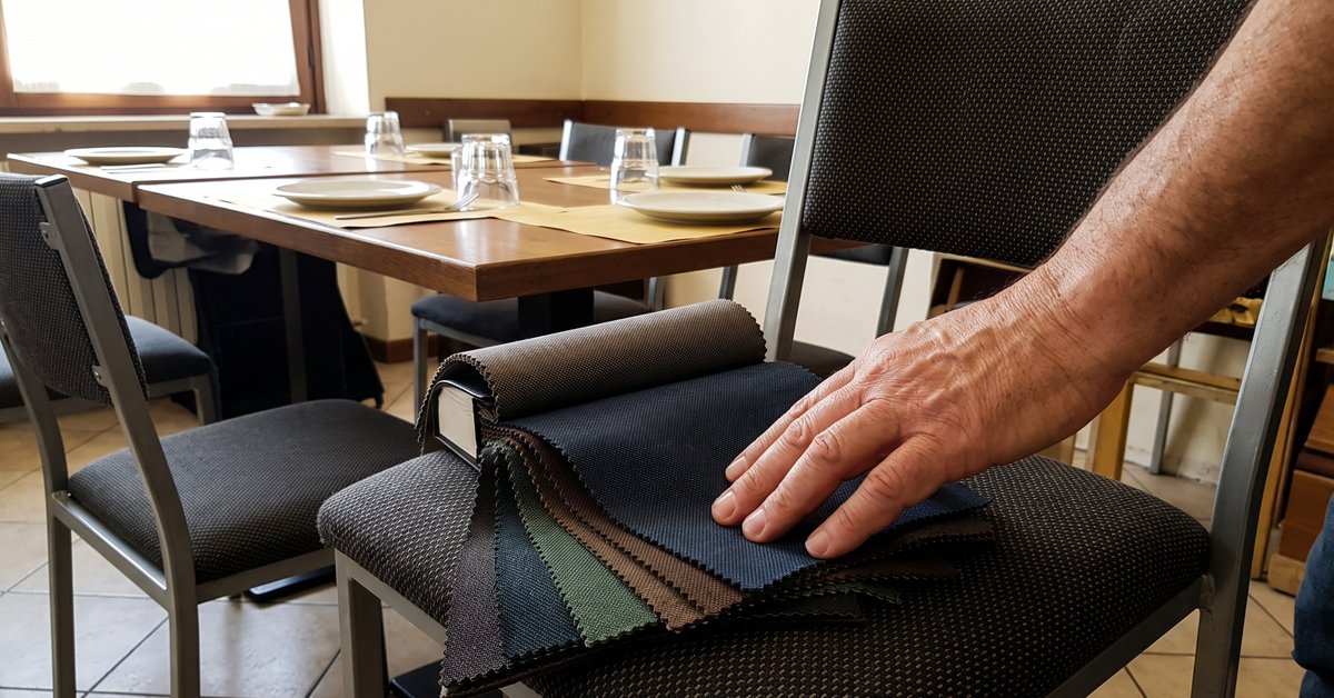 Sedia da ristorante rivestita in tessuto tecnico scuro con campionario contract a ventaglio, la mano del tappezziere che saggia la trama