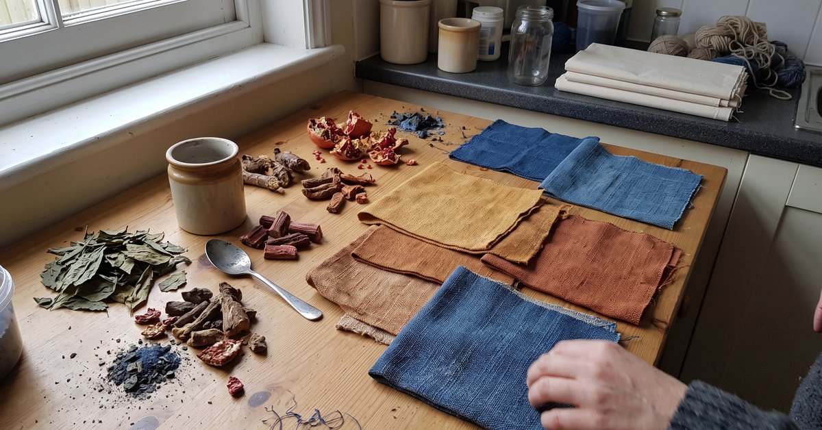 Campioni di tessuto d'arredo tinti con colori naturali nei toni ocra, indaco e ruggine, accostati con foglie e radici usate per la tintura