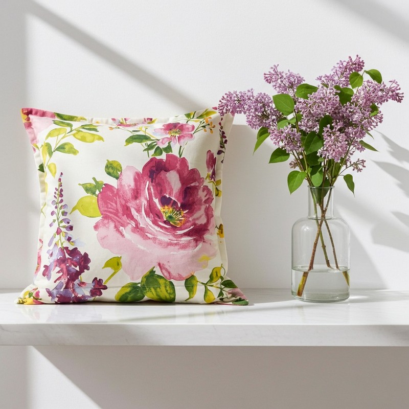 Cuscino floreale 50x50 cm in cotone 100% bianco con fiori rosa – Edizione Limitata 2