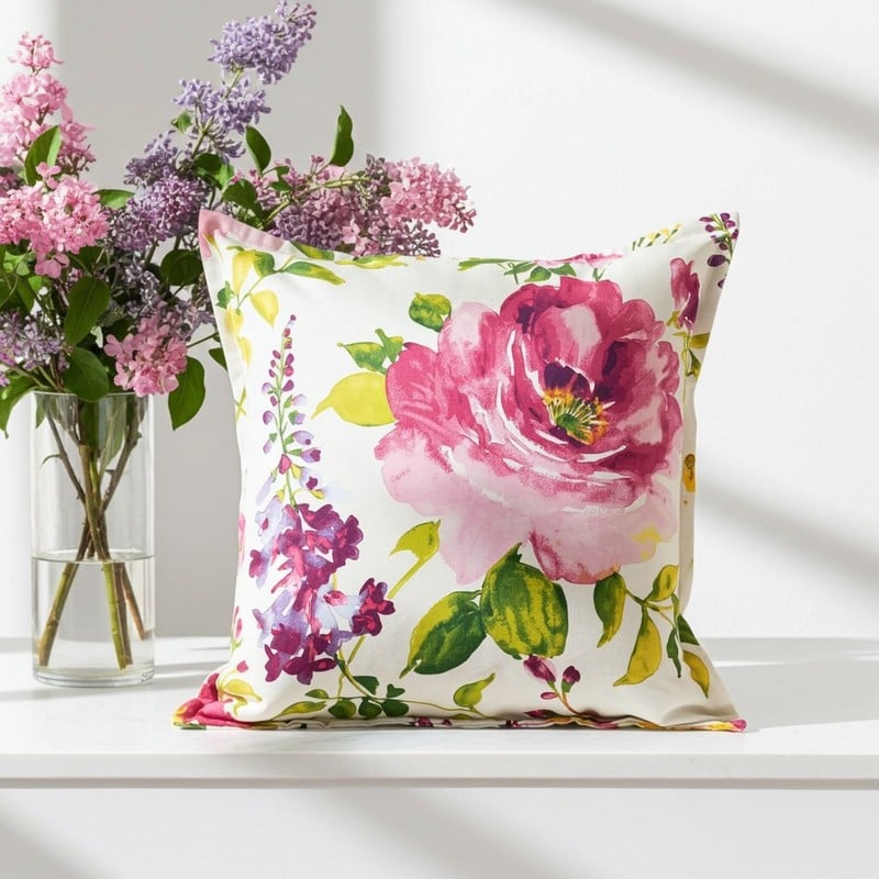 Cuscino floreale 50x50 cm in cotone 100% bianco con fiori rosa – Edizione Limitata