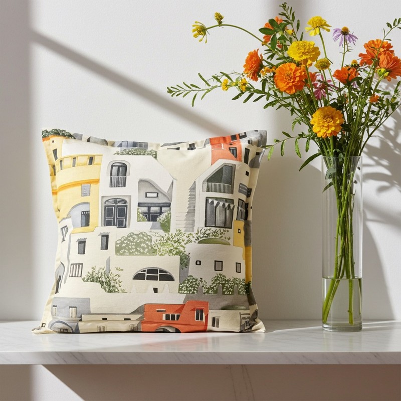 Cuscino d’arredo 55x55 cm in cotone 100% Thevenon con stampa architettura mediterranea – Edizione Limitata 2